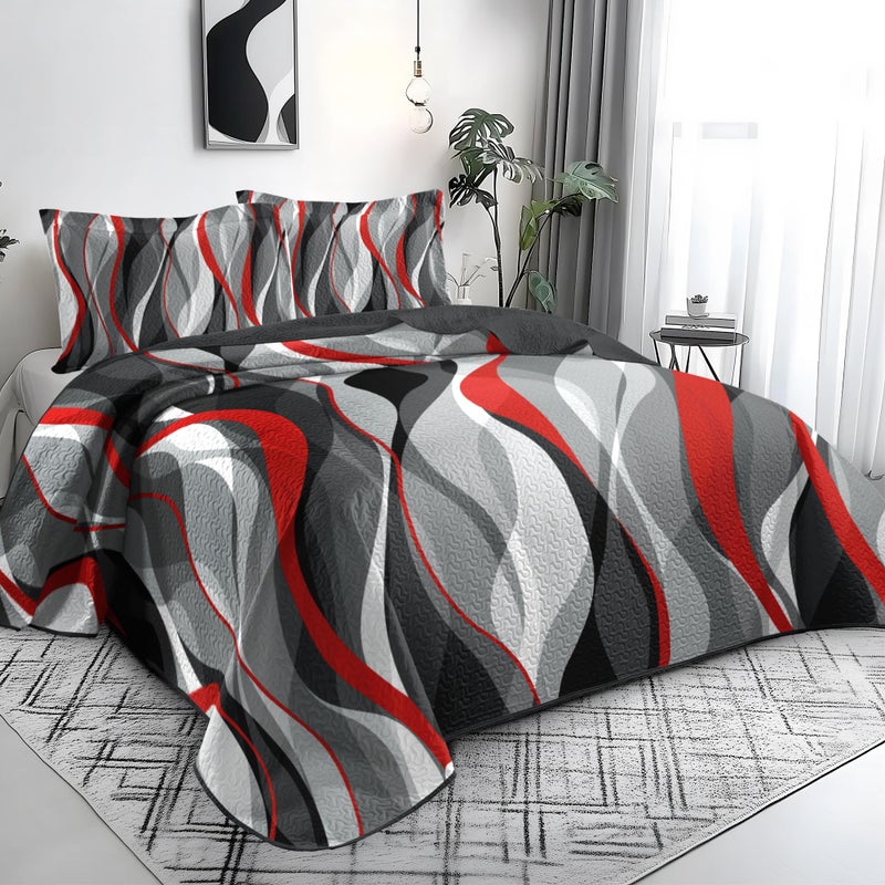 weesire Classic Line Pattern Bedding Quilt Queen Size Modern Grey Red and Black Stripe Quilt with 2 Shams  Gray and Red Comforter Sets Lightweight Breathable Bedspreads Coverlet  90''x96'' - Image 2